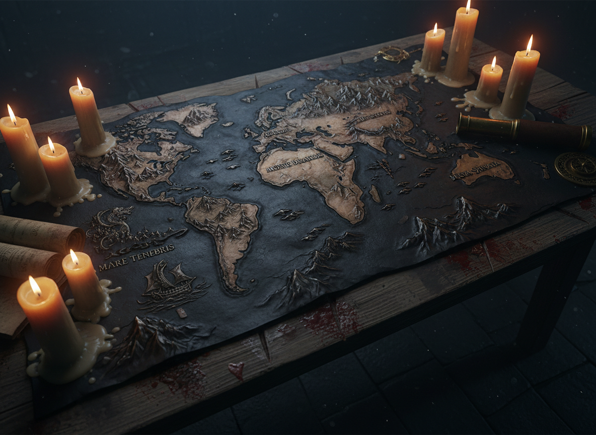 Un vasto mapa antiguo del mundo de Vaelor grabado sobre cuero ennegrecido, con montañas afiladas, mares tempestuosos y bosques retorcidos delineados en tinta oscura y metal bruñido. El mapa reposa sobre una mesa de roble marcada por cortes y cera derretida, rodeado de velas altas casi consumidas que arrojan una luz ámbar temblorosa. La iluminación es baja y cinematográfica, con focos de luz cálida sobre los relieves del mapa y el resto de la estancia perdiéndose en sombras azuladas. Tomado desde un ángulo ligeramente elevado, con profundidad de campo moderada, la escena evoca un tono ominoso y épico, como el prólogo silencioso de una campaña de fantasía medieval oscura, en un estilo hiperrealista y cinematográfico.